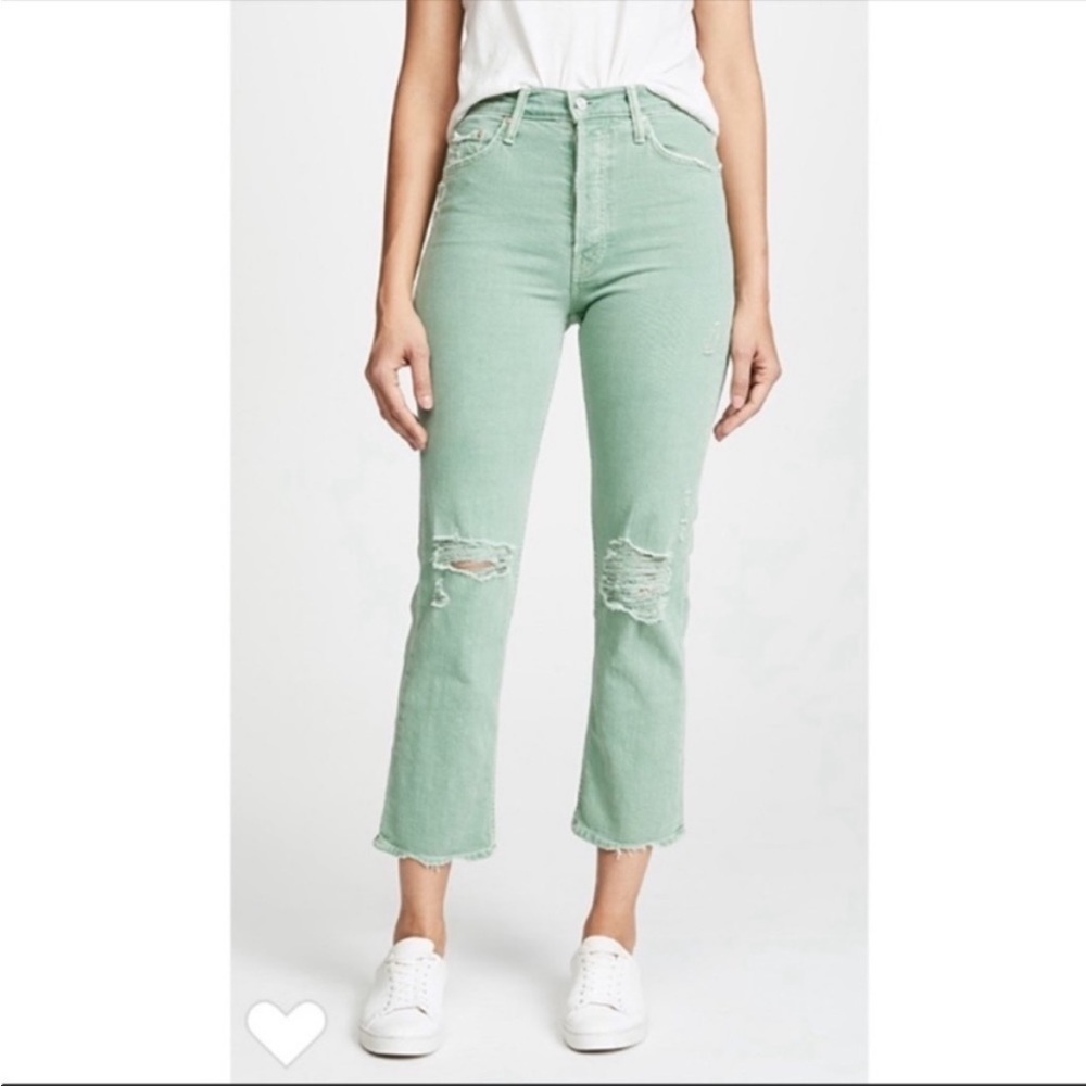 MOTHER Mint Green High-Rise Distressed Cropped Jeans